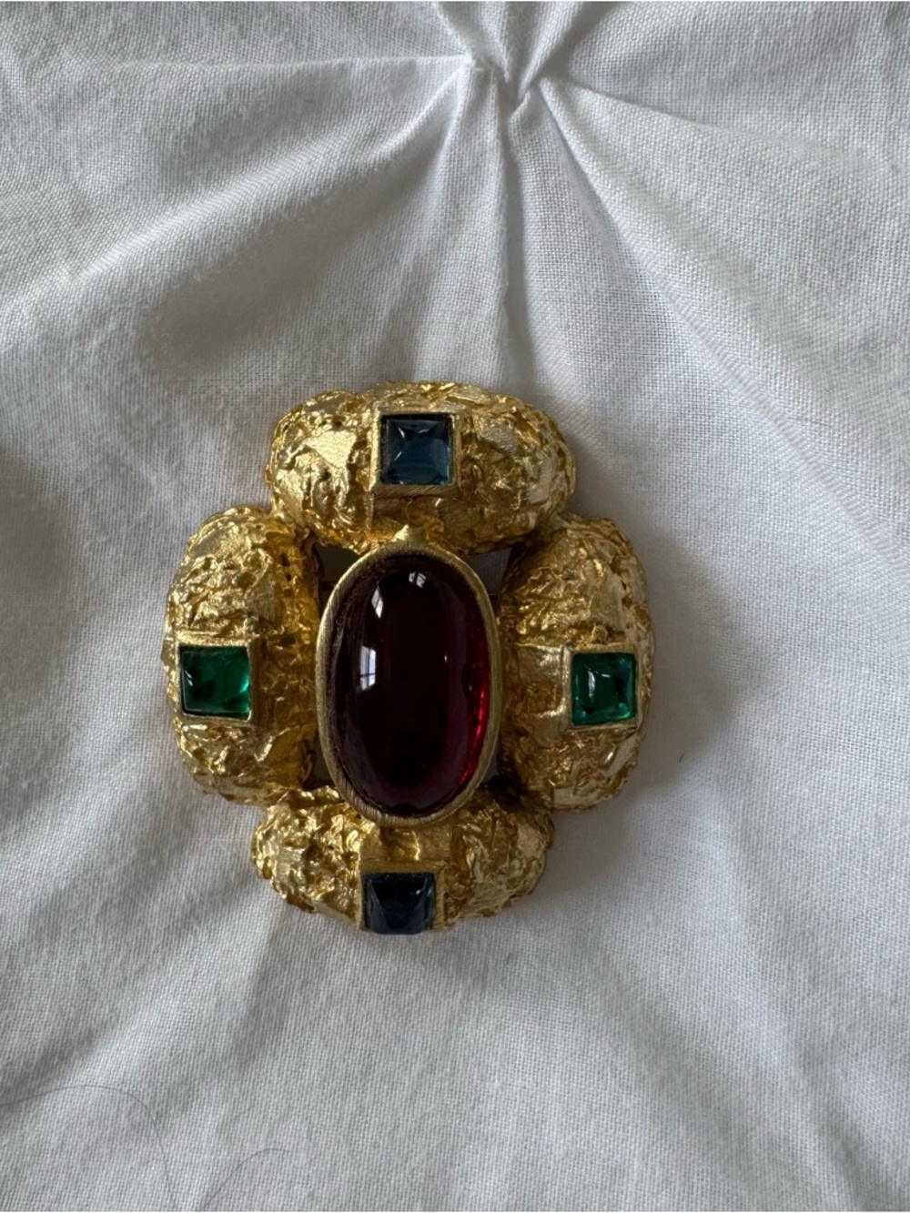 Maresco Gold-Tone Brooch with Red Cabochon and Green/Blue Accents